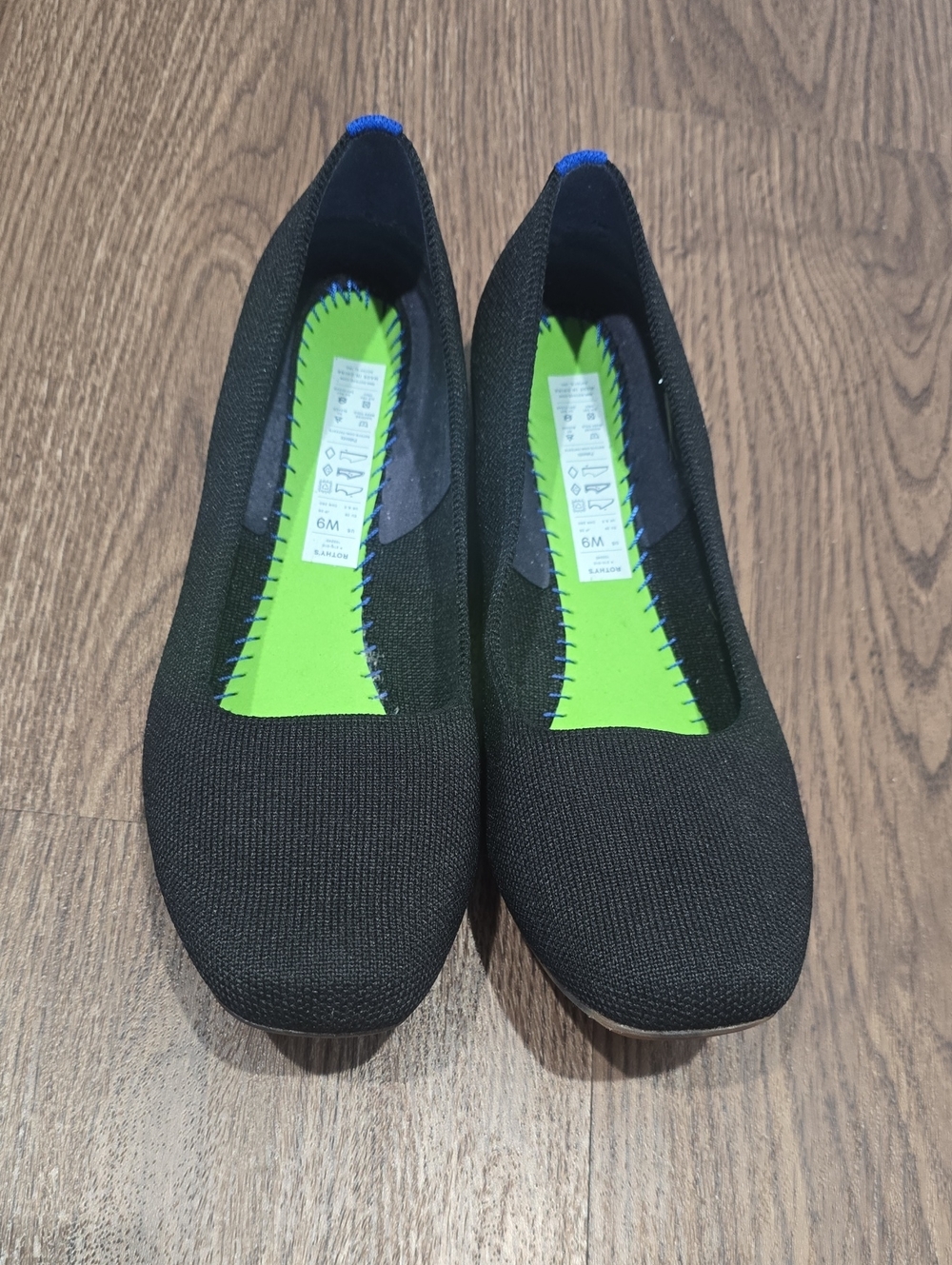 Rothy's Black Knit Flats with Lime Green Insole 9W